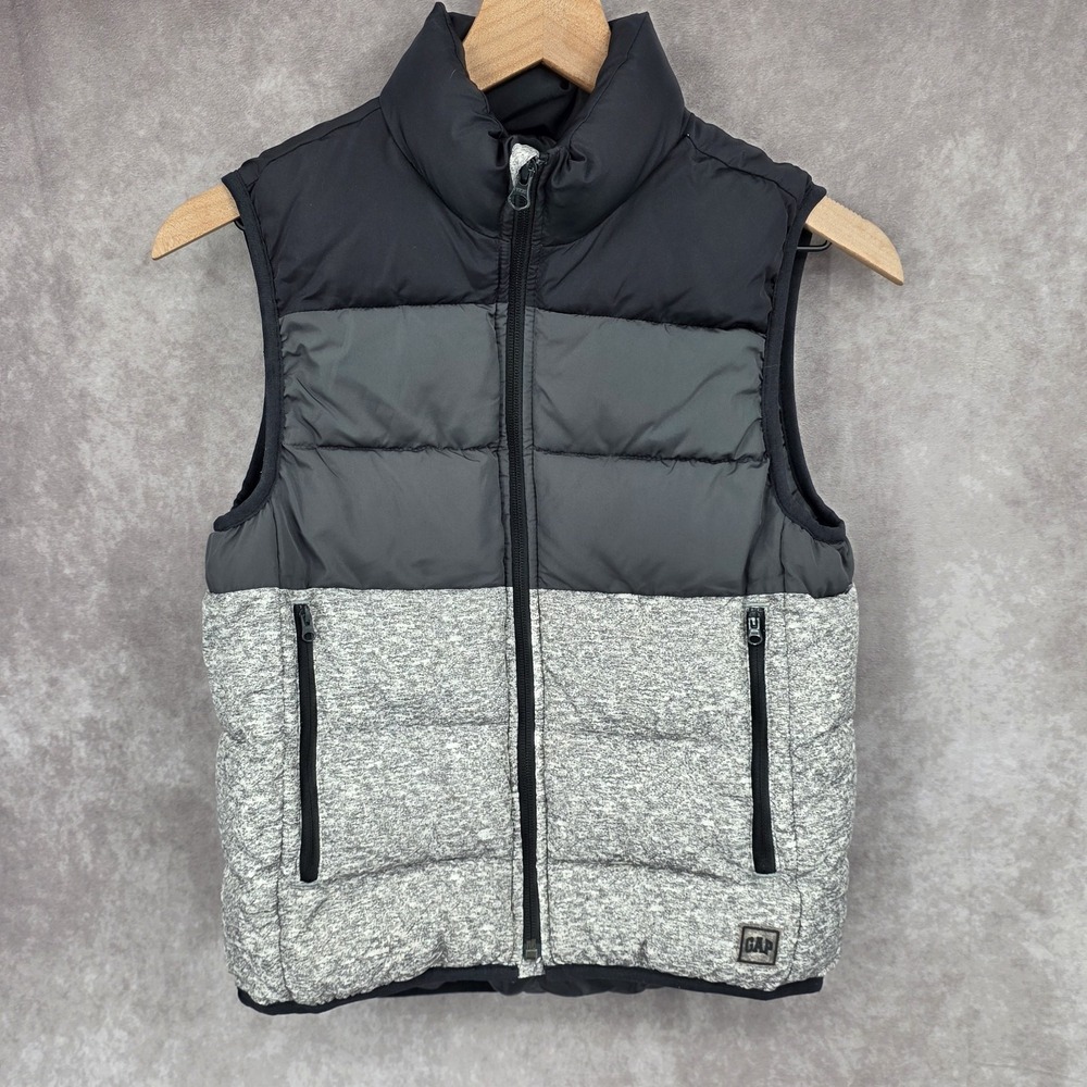 Gap Kids Boys 10/12 Medium Black Gray Puffer Vest Outdoor Zippered Pockets